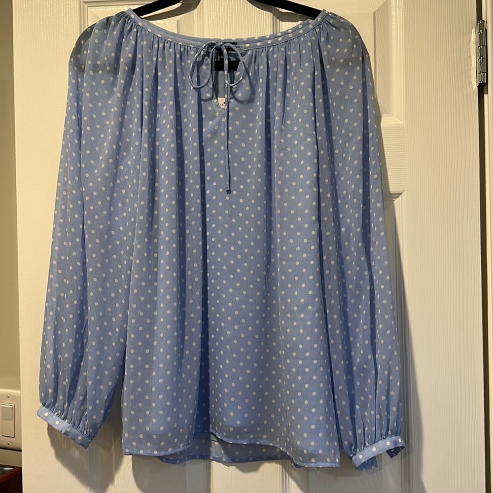 Talbots Baby Blue Chiffon Polka Dot Long-sleeved Tie-Neckline - XS NWT